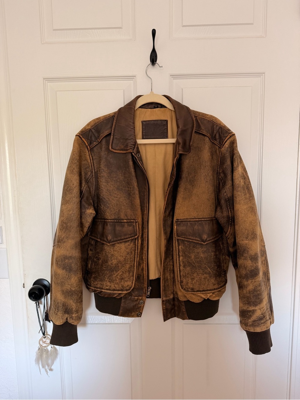 Vintage Brown Distressed Leather Bomber Jacket